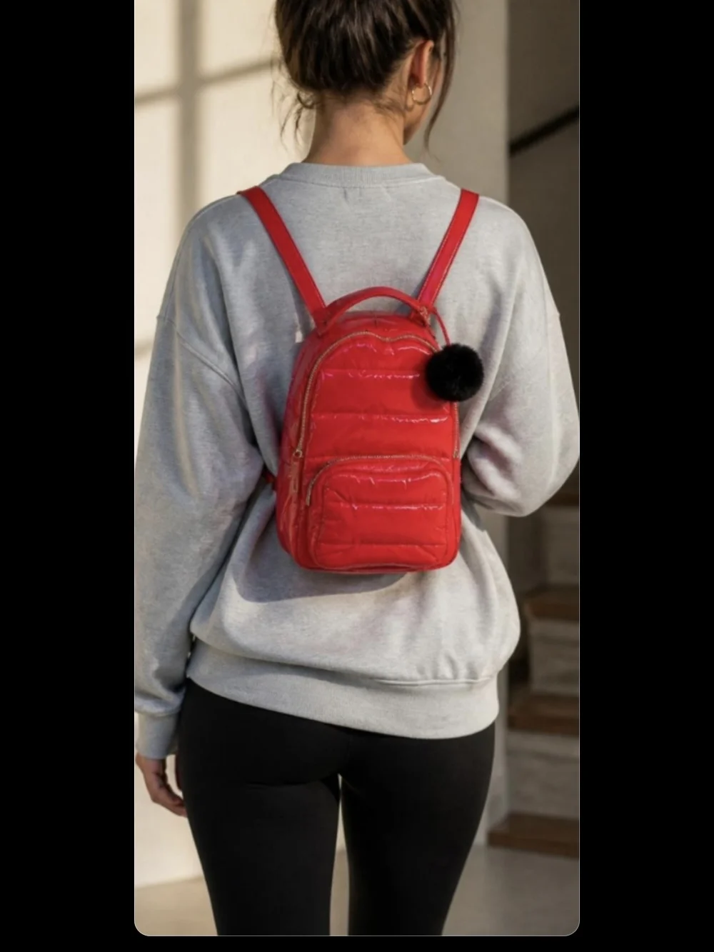 New! Estee Lauder  Fluffy  Backpack Makeup  Bag ~ Red Black Pom Pom